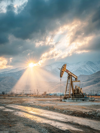 Dramatic Vertical Shot of a Rustic Oil Pumpjack Against a Mountain Backdrop at Sunset - Powerful Scene of Fossil Fuel Energy, Industry, and Environmental Contrast with Sun Rays Breaking Through Clouds.の素材