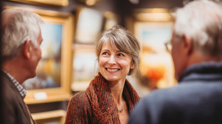 Close-up of a happy mature woman with a natural smile, talking with friends in an art gallery or exhibition. Represents socializing, culture, retirement, and adult education concepts.の素材
