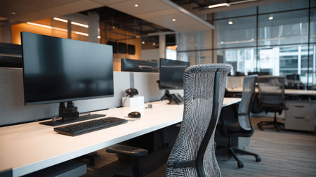 Empty workstations in a contemporary, quiet open-plan office setting with large monitors and ergonomic chairs. Represents corporate environment, technology, finance, efficiency, and real estate.の素材