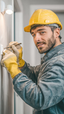 Portrait of a smiling young male electrician or construction worker wearing a yellow hard hat and safety gloves while installing or fixing a light switch on a wall.の素材