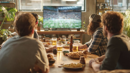A candid shot of male friends gathered around a table with beer, snacks, and food, intently watching a live football or sports game on a big screen TV in a cozy, sunlit loft apartment. Themes of friendship, sports viewing, and home entertainment.の素材