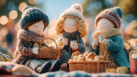 Heartwarming Autumn Picnic Scene: Three Handmade Crochet and Fabric Dolls in Cozy Knitted Hats and Scarves Enjoying a Warm Drink and Pastries with Baskets and Soft Bokeh Lighting Outdoors.の素材