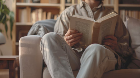 Close-up of a person reading a book while relaxing in a comfortable armchair in a cozy, sunny interior with a bookshelf background, symbolizing leisure, education, and comfort.の素材