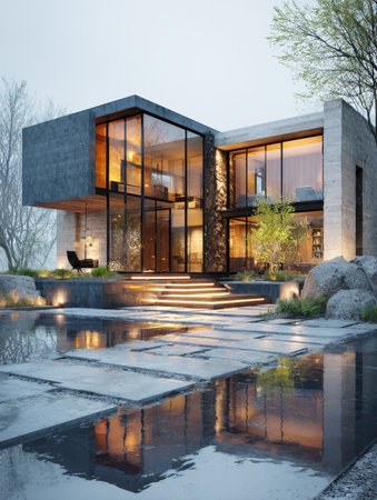 Luxury modern house architecture with concrete and glass walls, dramatic exterior lighting, a stone patio, and a reflective water feature in a moody, ambient evening or twilight setting.の素材