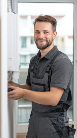 A cheerful, vertically-oriented portrait of a skilled male technician or plumber wearing professional gray work overalls and a polo shirt, smiling at the camera while working on a modern, white boiler gaser or water heater in a residential setting.の素材