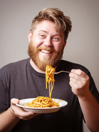 A cheerful studio portrait featuring a bearded man in a dark shirt, smiling widely while actively eating a forkful of spaghetti with red sauce. He is holding a white plate of pasta in one hand and a fork in the other, celebrating the joy of food.の素材