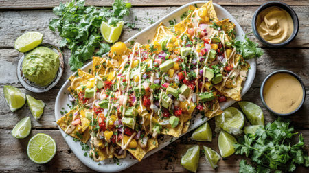 A visually rich, top-down view of a large platter of gourmet nachos, piled high with fresh, colorful toppings like avocado, mango salsa, and a creamy sauce drizzle. The platter is set on table, surrounded by lime wedges and dipping saucesの素材
