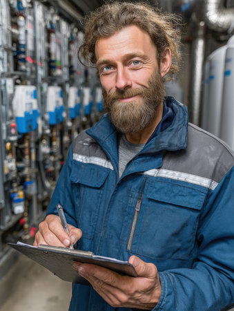 A close-up portrait of a friendly, bearded male technician or engineer in blue work uniform, holding a clipboard and pen while standing in industrial utility room next to piping and control equipment. Represents service, maintenance, skilled tradesの素材