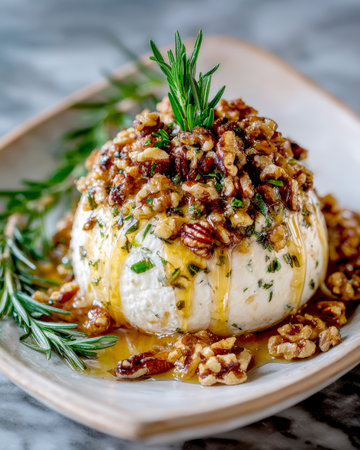 Close-up of an elegant, gourmet whipped cheese ball (feta or goat cheese) drizzled with honey and covered in walnuts and pecans. Garnished with rosemary, it's a rich, savory-sweet appetizer perfect for fine dining or entertaining.の素材
