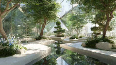 Stunning indoor botanical garden and water feature inside a modern, glass-domed building. The design beautifully combines lush nature with contemporary architecture, creating a serene, sustainable, and biophilic urban oasis.の素材