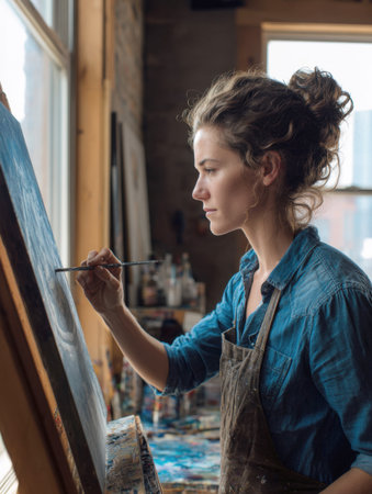 Portrait of a focused female artist painting on a canvas in her studio, illuminated by natural daylight from a large window. Capturing concentration, creativity, and the artistic process in a rustic, inspiring workspace.の素材