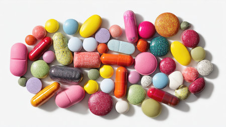 A Vibrant Pharmaceutical Spectrum: High-Angle, Close-Up View of a Large Assortment of Colorful, Textured Pills, Tablets, and Capsules of Various Shapes and Sizes Scattered Against a Clean White Background. Ideal for Healthcare, Addiction, Pharmacyの素材