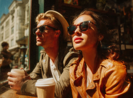 Stylish couple enjoying coffee and sunshine inside a trendy cafe, looking out at the city street. Capturing a modern, relaxed urban lifestyle and shared moments with warm, cinematic lighting.の素材