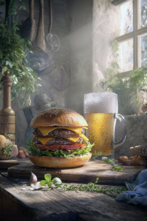 Classic Double Cheeseburger with Melted Cheddar Cheese Fresh Lettuce and Tomato Served on a Rustic Wooden Board Next to a Frosted Mug of Golden Beer in a Cozy Sunlight-Drenched Tavern Kitchen.の素材