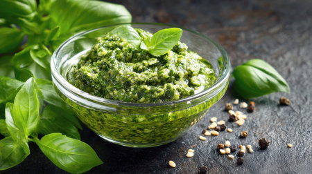 Bright green, homemade pesto sauce in a clear glass bowl, featuring fresh basil, pine nuts, and parmesan cheese. Perfect for pasta, bruschetta, or pizza. Close-up, high-quality food photography on a dark, rustic surface.の素材