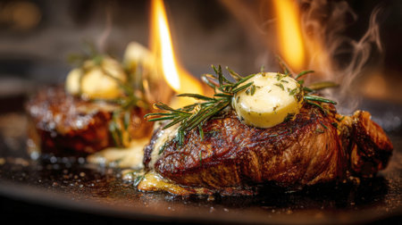 Dramatic close-up of premium steaks likely filet mignon flambeed with high, bright flames, served on a hot surface. Each steak is topped with melting herb butter and rosemary. High-end gourmet food photography.の素材