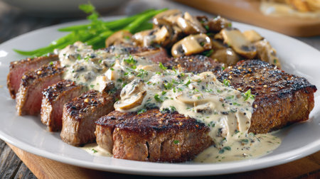 Gourmet Sliced Beef Tenderloin Steaks with a Peppercorn-Mushroom Cream Sauce, Expertly Plated with Button Mushrooms and Bright Green Beans on a White Plate - A Mouthwatering Fine Dining Dinner Close-Upの素材