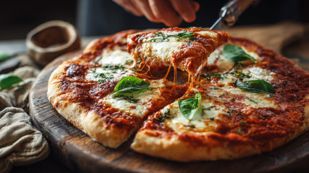 A mouth-watering margherita pizza being served on a rustic wooden board. A hand lifts a slice, showing the perfect, stretchy cheese pull and rich tomato sauce, topped with fresh basil leaves. Classic Italian comfort food.の素材