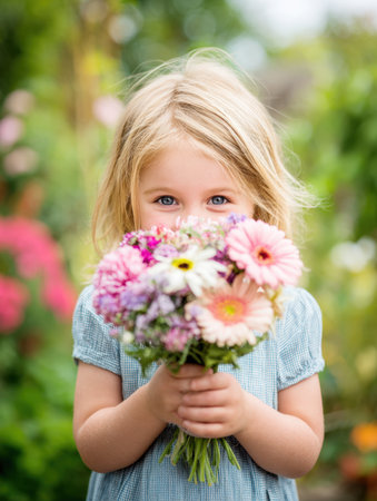 Sweet portrait of a smiling young child hiding behind a vibrant bouquet of flowers (daisies, gerbera, mums) in a sunny garden. Ideal for childhood, spring, gift-giving, nature, and innocence concepts.の素材