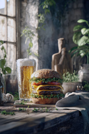 Close-up of a massive double cheeseburger and a cold glass of beer on a wooden table in a dimly lit, rustic interior with plants and natural light. Ideal for conveying a feeling of indulgence, fast food, pub culture, and hearty meals.の素材