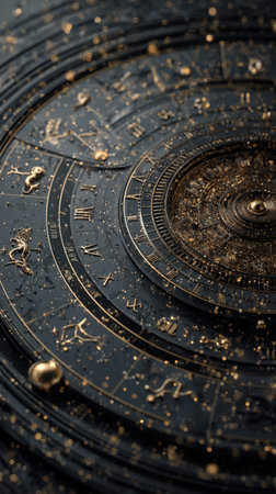 Intricate and dramatic close-up of a luxurious, dark antique astrological clock or celestial sphere, showcasing detailed golden zodiac signs, roman numerals, and shimmering star-like dust against a deep black cosmic background in a mysticalの素材