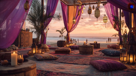 Luxurious boho-chic lounge setup on a beach at sunset, featuring rich Moroccan lanterns, colorful fabrics, and floor pillows. Ideal for exotic travel, romantic getaway, bohemian lifestyle, or luxury event concepts.の素材