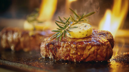 Macro, dramatic shot of a thick, seared steak on a grill or hot plate, with a dollop of herbed butter and rosemary, and flames rising dramatically behind it. The image emphasizes the rich texture, sizzle, and high-end preparation of gourmet meat.の素材