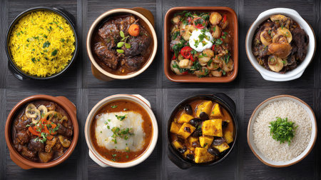 Top-down grid of eight diverse ethnic food dishes, including stews, rice preparations, and casseroles, presented in rustic brown and white bowls on a dark wooden background. This image is perfect for illustrating world cuisine, varietyの素材
