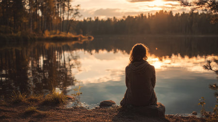 Tranquil, horizontal view of a solitary individual enjoying a beautiful sunset over a still lake surrounded by forest. Ideal for themes of wellness, meditation, solitude, nature escape, or mental health awareness.の素材