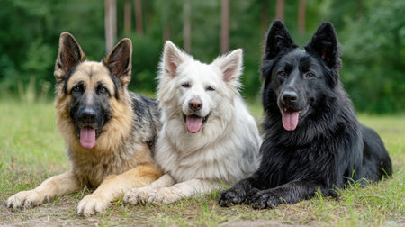 A striking outdoor portrait of three happy German Shepherd dogs with different coat colors classic tan/black, solid white, and solid black all lying side-by-side in a grassy field, looking straight at the camera with their tongues out.の素材