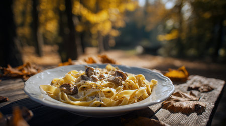 Elegantly plated homemade tagliatelle or pappardelle pasta with a rich, creamy sauce and savory forest mushrooms, served outdoors on a rustic wooden table amidst golden hues of an autumn forest, evoking cozy, seasonal comfort and gourmet dining.の素材
