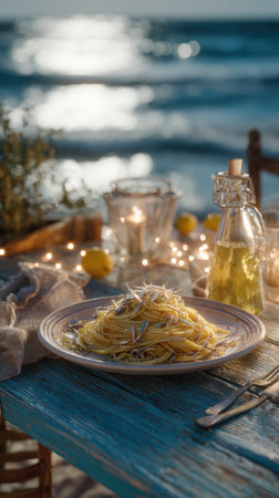 Gourmet spaghetti with whitebait or tiny fish, served on a weathered wooden table near the sea at sunset. Captures the mood of a romantic Mediterranean beach dinner with candles and sparkling water.の素材