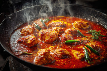 Sizzling and steamy close-up of tender pieces of chicken or mutton submerged in a rich, vibrant red, bubbling curry sauce, generously garnished with fresh green chili peppers and thyme sprigs in a hot, rustic cast iron pan.の素材
