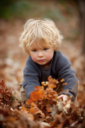 Vertical close-up portrait of an adorable toddler with blonde, curly hair and bright eyes, focused on playing with colorful fallen oak leaves on the forest floor. The image captures the wonder of childhood and autumn exploration.の素材
