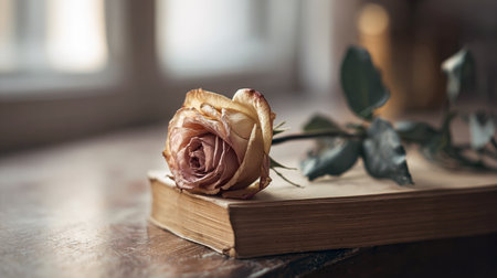 A moody, evocative still life capturing a single faded dusty pink rose with a dark stem, resting on the worn pages of an old vintage book. The scene, set on a wooden table by a window, conveys a feeling of nostalgia and memory.の素材