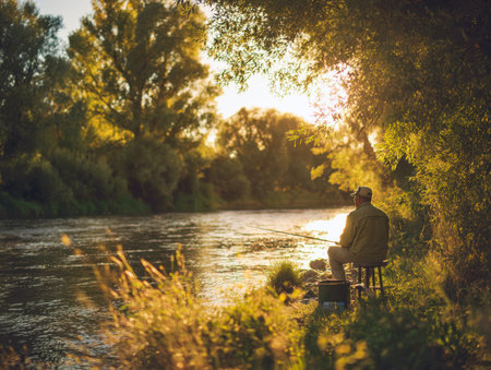 A serene outdoor scene of a lone fisherman sitting patiently on the riverbank under a willow tree at sunset. The golden light and lens flare illuminate the water and grass, capturing the tranquility of solitary recreation.の素材