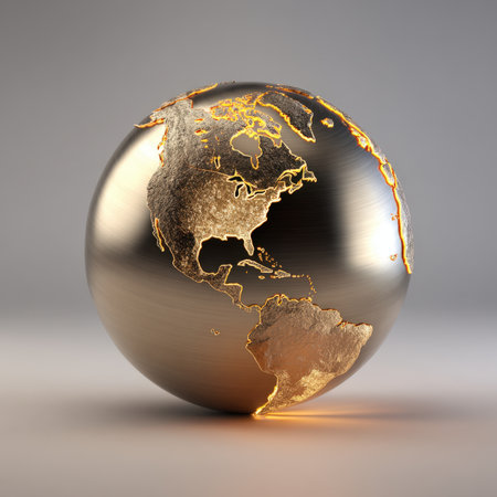 Highly Detailed Metallic Globe Showing North and South America, with Continents Rendered in Textured Gold and Glowing Brightly, Symbolizing Global Business, Technology, Financial Markets, and World Powerの素材