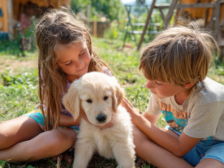 An endearing portrait of a boy and girl sitting on the grass, holding and gently petting a cute, fluffy Golden Retriever puppy. The image embodies the pure, unconditional love between children and their new best furry friendの素材