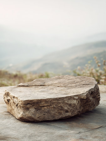 An empty, natural stone pedestal or podium with a rough, flat surface ready for product placement. Set against a softly blurred, misty mountain and hill landscape. Ideal for organic, natural, or outdoor product mockups.の素材