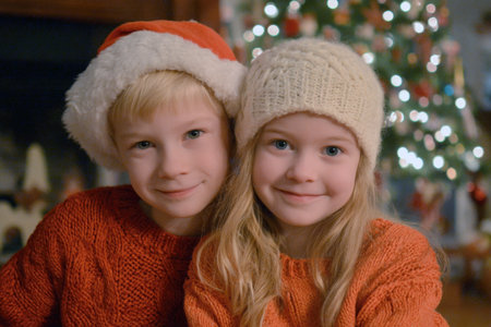 An adorable portrait of two smiling siblings or friends dressed in knitted orange sweaters and winter hats against a softly lit, decorated Christmas tree. The image evokes holiday joy, warmth, togetherness, and festive cheer.の素材