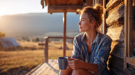 A beautiful woman sits on the wooden porch of a rustic cabin, holding a mug and gazing thoughtfully into the distance. Captured during golden hour, the scene conveys peace, tranquility, and a vacation escape in the mountainous countryside.の素材