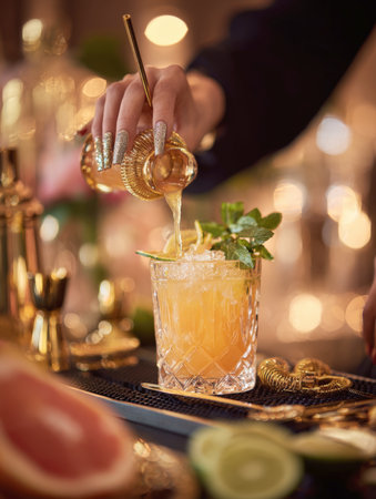 Elegant Bartender with Glittering Nails Pouring a Bright Orange Cocktail from a Gold Jigger into a Crystal Glass with Crushed Ice, Garnished with Mint and Lime on a Luxurious Bar Counter with Bokeh Lightsの素材