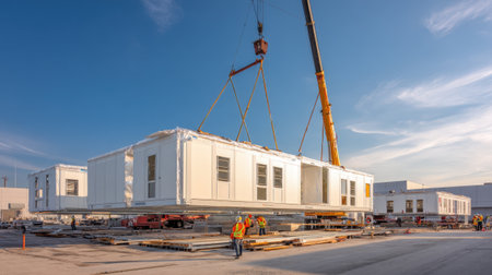 Construction workers overseeing the installation of a white prefabricated container module using a heavy-duty crane, illustrating contemporary solutions for modular buildings, quick construction, or temporary housingの素材