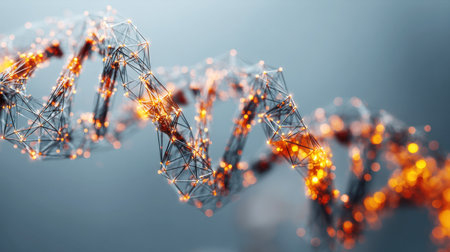 3D rendered abstract visualization of a DNA strand as a glowing wireframe structure. The double helix is connected by polygons and lines, radiating orange and yellow light. Excellent for themes of science, technology, medicine, and genetics.の素材