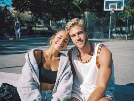 Happy Young Athletic Couple Resting Together on the Edge of an Outdoor Basketball Court on a Sunny Day, Looking Directly at the Camera with Bright Smiles While Wearing Casual Sports Apparel.の素材