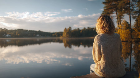 Rear view of a woman sitting peacefully on a dock, wearing a chunky knit sweater, overlooking a calm lake. The sky and trees reflect perfectly on the water, capturing a moment of tranquility, solitude, and meditation at sunrise or sunset.の素材