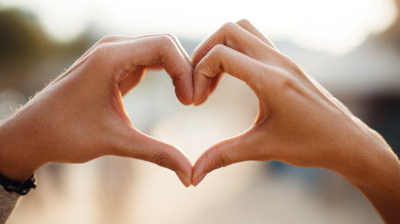 Close-up of hands forming a beautiful heart shape, perfectly framed against a warm, sun-kissed, and softly blurred outdoor background during golden hour. A universal symbol of love, romance, connection, and gratitude.の素材