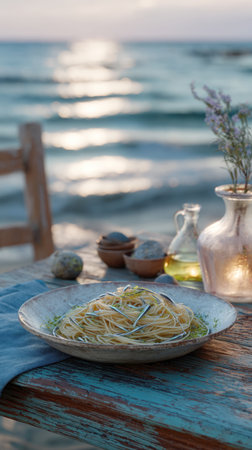 Gourmet seafood pasta dish presented on a weathered wooden table with olive oil, herbs, and a vase of flowers. Perfect romantic outdoor dining setting with the blurred, glittering Mediterranean sea at sunsetの素材