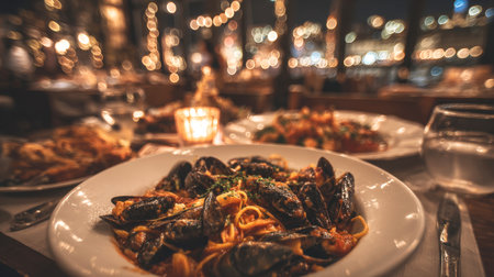 Gourmet italian seafood pasta dinner in a fine dining restaurant, featuring mussels and pasta in tomato sauce. The cozy, intimate, and dark atmosphere is perfect for a special date or celebration meal.の素材