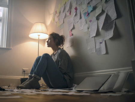 An overwhelmed woman sits alone on the floor, lit by a warm lamp, surrounded by piles of papers and notes stuck to the wall. The image conveys stress, anxiety, creative block, mental exhaustion, and depression in a dark, confined space.の素材